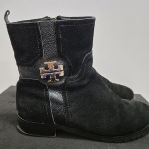 Tory Burch Black Suede Ankle Boots with Logo Medallion